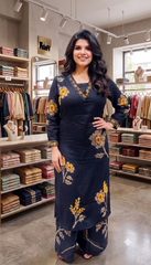 Elegant Black Pure Rayon Floral Kurta Set with Matching Palazzo | V-Neck Ethnic Wear for Women