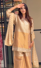 Women's Festive Golden Shimmer 3-Piece Suit Set | Party Wear Ethnic Co-ord