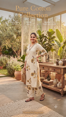 Elegant Off-white Pure Rayon cotton Floral Kurta Set with Matching Palazzo | V-Neck Ethnic Wear for Women