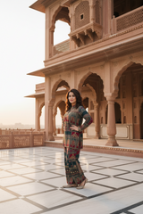 Printed Asymmetric Red And Green Top With Palazzo Set