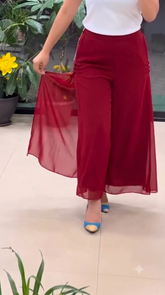 Women's Red Georgette Split Wide-Leg Palazzo Pants | High-Waist Fusion Trousers