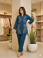 Women’s Stylish Teal Blue Leaf handwork Co-ord Set