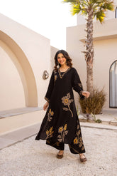Elegant Black Pure Rayon Floral Kurta Set with Matching Palazzo | V-Neck Ethnic Wear for Women