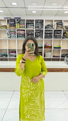 Premium Pure Viscose Rassian fabric Floral Printed Kurta Set with Intricate V-Neck Handwork | Lemon Green