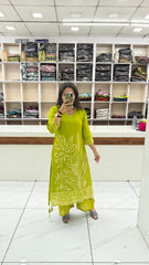 Premium Pure Viscose Rassian fabric Floral Printed Kurta Set with Intricate V-Neck Handwork | Lemon Green