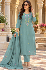 Women’s Mal Chanderi 3 Piece Kurta Set with Pure Handwork & Flock Work
