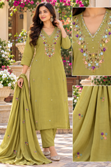 Women’s Mal Chanderi 3 Piece Kurta Set with Pure Handwork & Flock Work