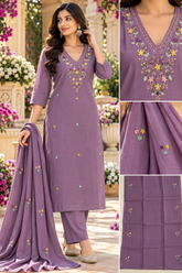 Women’s Mal Chanderi 3 Piece Kurta Set with Pure Handwork & Flock Work