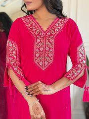 Rani Pink Heritage Embroidered Kurta Set with Dupatta
