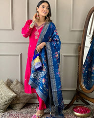 Women’s Viscose Chanderi Embroidered Straight Kurta Set with Jacquard Dupatta