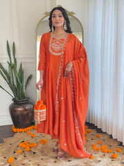 Women's Orange Vichitra Silk Embroidered Straight Kurta with Rayon Pant And Vichitra Silk Embroidered Dupatta Sets