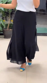 Women's Black Georgette Split Wide-Leg Palazzo Pants | High-Waist Fusion Trousers