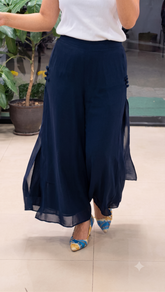 Women's Navy Georgette Split Wide-Leg Palazzo Pants | High-Waist Fusion Trousers