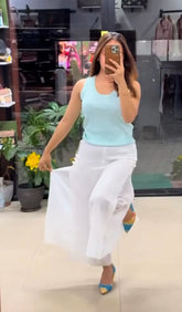 Women's White Georgette Split Wide-Leg Palazzo Pants | High-Waist Fusion Trousers