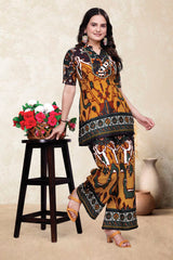 Women’s Printed Pure Viscose Rayon Co-Ord Set | Top & Palazzo Set | Mustard