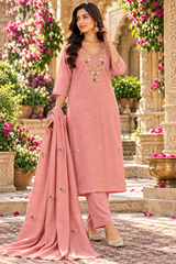 Women’s Mal Chanderi 3 Piece Kurta Set with Pure Handwork & Flock Work