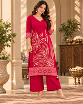 Premium Pure Viscose Rassian fabric Floral Printed Kurta Set with Intricate V-Neck Handwork | Maroon red