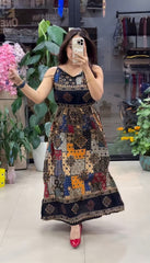 Pure Viscose Boho Print Maxi Dress for Women | Sleeveless Flared Dress Black