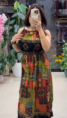 Pure Viscose Boho Print Maxi Dress for Women | Sleeveless Flared Dress