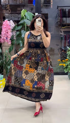 Pure Viscose Boho Print Maxi Dress for Women | Sleeveless Flared Dress Black