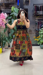Pure Viscose Boho Print Maxi Dress for Women | Sleeveless Flared Dress