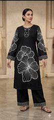 Elegant Black Floral Printed Kurta Set with Wide Leg Pants