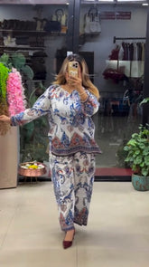Women's Boho Print Pure Viscose Co-ord Set Blue | Fast Shipping
