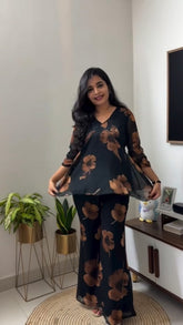 Elegant Floral Print Georgette Co-ord Set for Women - Black & Brown