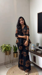 Elegant Floral Print Georgette Co-ord Set for Women - Black & Brown