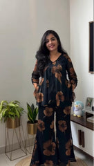 Elegant Floral Print Georgette Co-ord Set for Women - Black & Brown