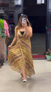 Sunset Oasis Georgette Wrap Maxi Dress - YLW Multi