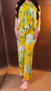Vibrant Yellow Floral Sleeveless Co-ord Set | Pure Viscose