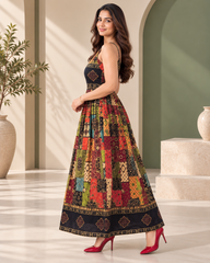 Pure Viscose Boho Print Maxi Dress for Women | Sleeveless Flared Dress