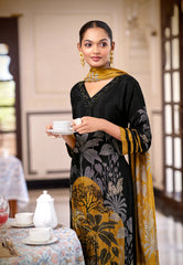Premium Black & Mustard Pure Viscose Salwar Suit - Digital Forest Print 3-Piece Set