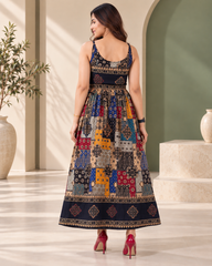 Pure Viscose Boho Print Maxi Dress for Women | Sleeveless Flared Dress Black