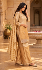 Women's Festive Golden Shimmer 3-Piece Suit Set | Party Wear Ethnic Co-ord