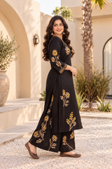 Elegant Black Pure Rayon Floral Kurta Set with Matching Palazzo | V-Neck Ethnic Wear for Women