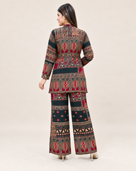Printed Asymmetric Red And Green Top With Palazzo Set