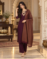 Women's Embroidered Kurta Pant Set with Striped Dupatta - Purple