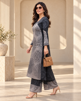 Elegant Black & Grey Floral Print Ethnic Kurti Set – Premium Comfort Wear