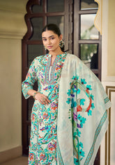 Mango Leaf Designer White Salwar Kameez - Floral Digital Print with Dupatta