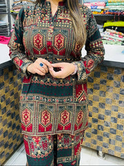 Printed Asymmetric Red And Green Top With Palazzo Set