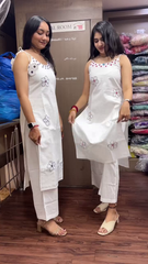 Off White Mirror Work Cotton Kurta With Pants