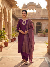 Elegant Purple Silk Blend Kurta Set with Embroidered Keyhole Neck & Zari Striped Dupatta | 3-Piece Festive Suit for Women