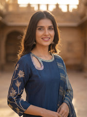 Women's Plum Silk-Blend Festive Suit with Intricate Yoke Embroidery and Metallic Striped Dupatta