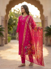 Women's Magenta Silk Blend Kurta Pant Set with Digital Rose Print Dupatta - Wedding & Festive Wear