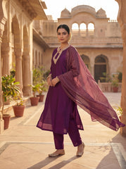 Elegant Purple Silk Blend Kurta Set with Embroidered Keyhole Neck & Zari Striped Dupatta | 3-Piece Festive Suit for Women