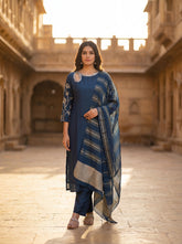 Women's Plum Silk-Blend Festive Suit with Intricate Yoke Embroidery and Metallic Striped Dupatta