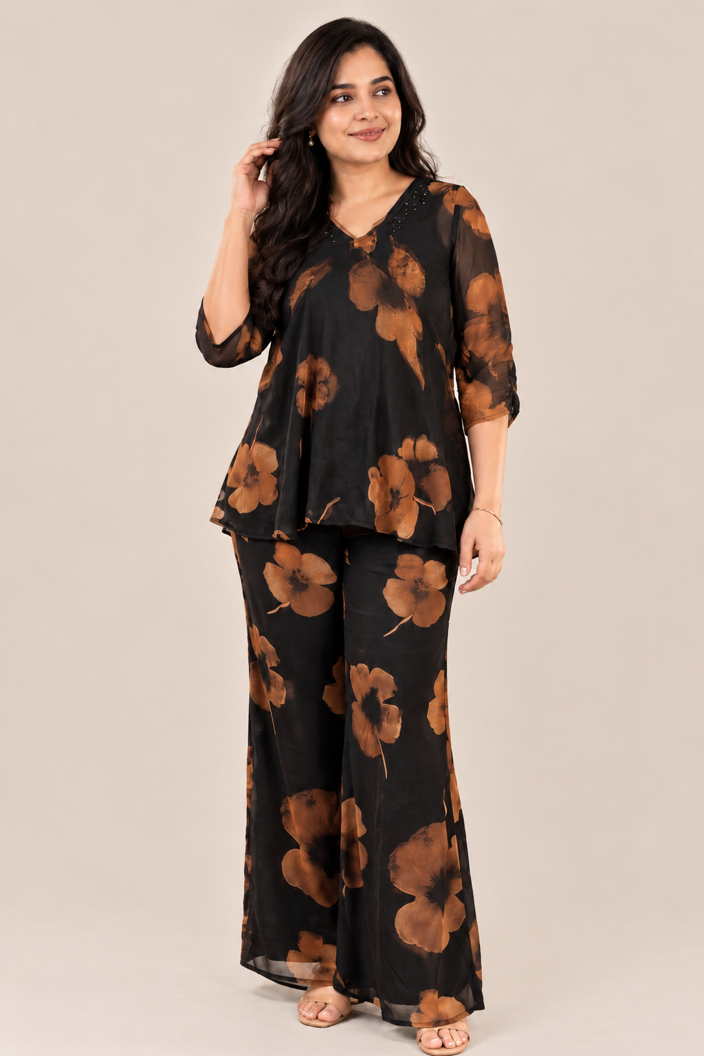 Elegant Floral Print Georgette Co-ord Set for Women - Black & Brown