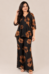 Elegant Floral Print Georgette Co-ord Set for Women - Black & Brown